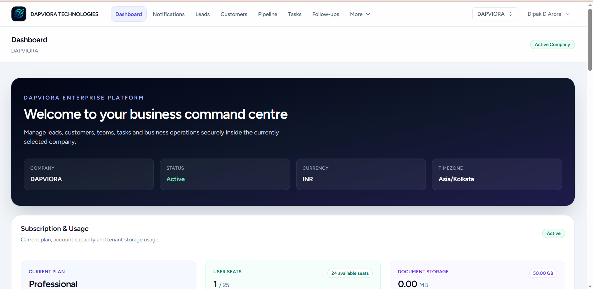 Actual DAPVIORA CRM dashboard interface